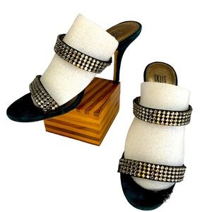 Black Suede Dressy Formal Sexy High Heel Leather Sandals Rhinestone Size 7.5 EUC